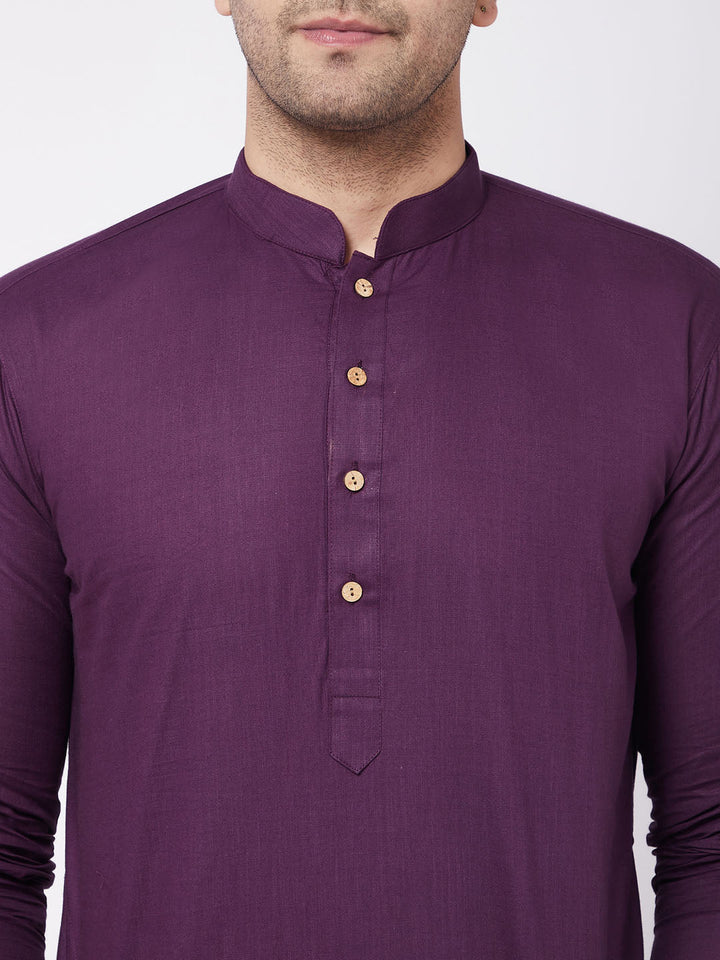 Men's Purple  Solid Cotton Blend Kurta And White Pyjama Set