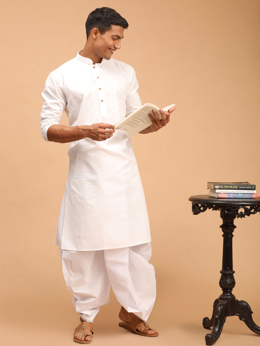 Men's White Cotton Kurta With White Solid Dhoti Set
