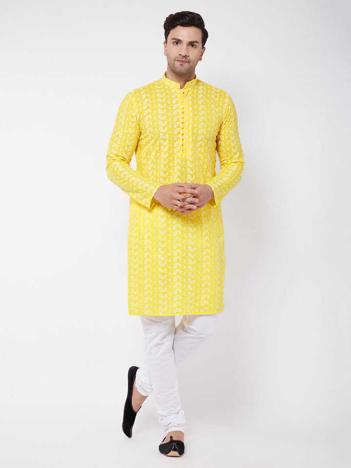 Men's Mustard Pure Cotton Chikankari Kurta Pyjama Set