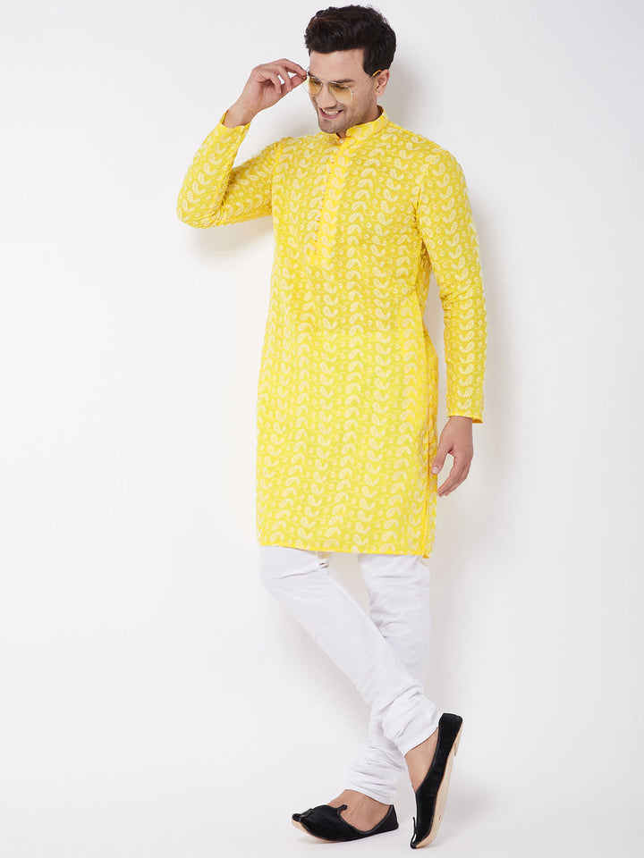 Men's Mustard Pure Cotton Chikankari Kurta Pyjama Set