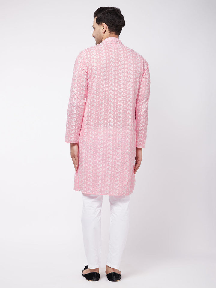 Men's Pink Pure Cotton Chikankari Kurta With Pant Set