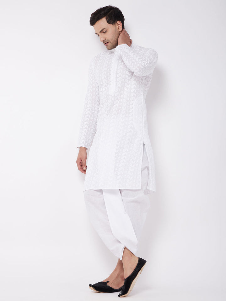 Men's White Pure Cotton Chikankari Kurta With Dhoti Set