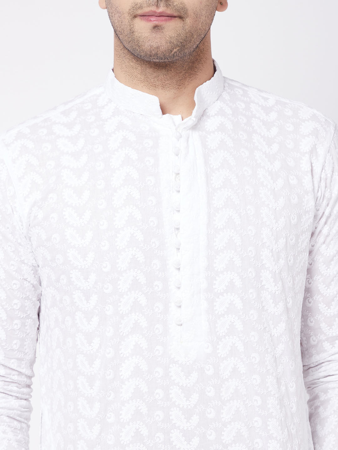 Men's White Pure Cotton Chikankari Kurta With Pant Set