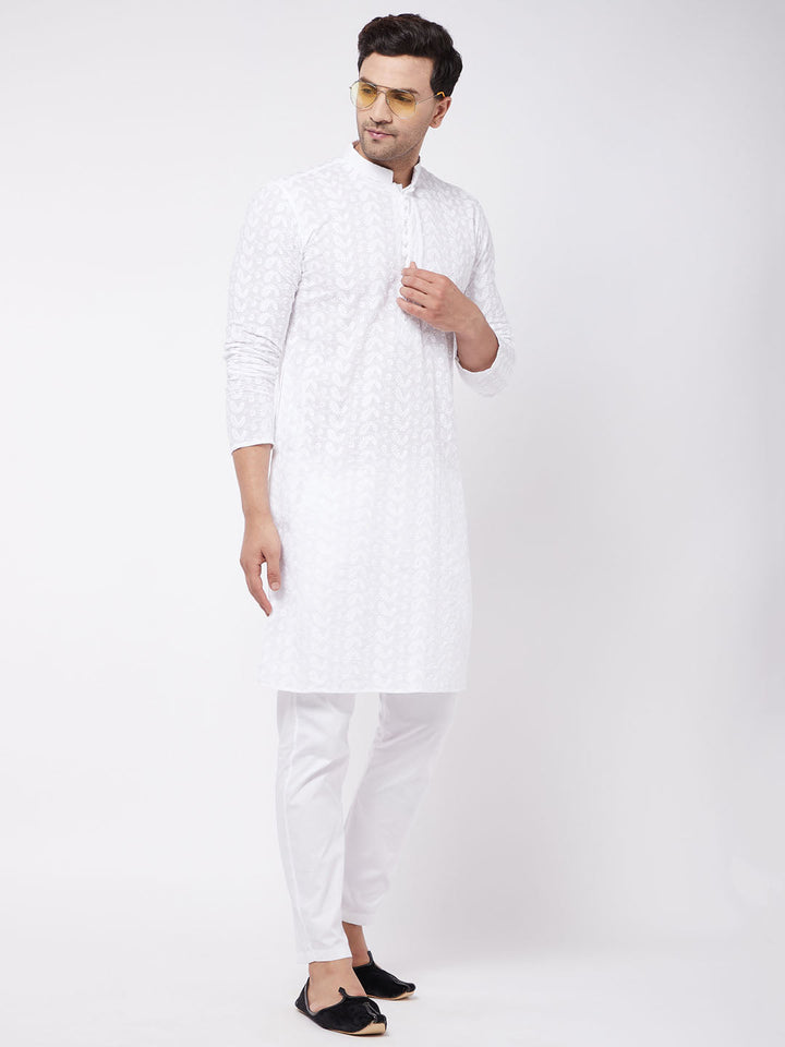 Men's White Pure Cotton Chikankari Kurta With Pant Set