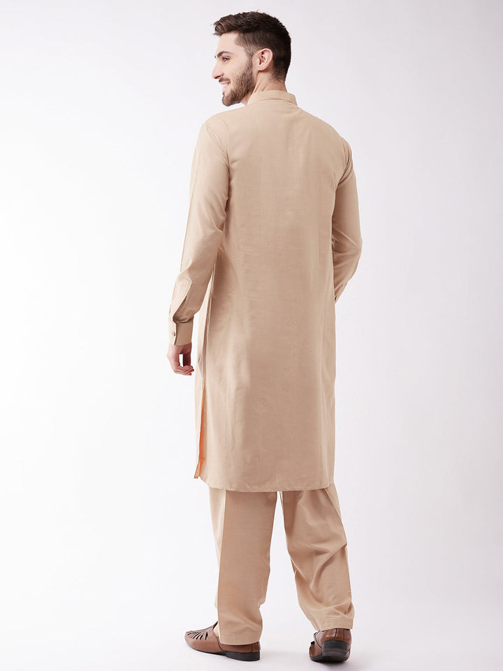 VASTRAMAY Men's Chiku Cotton Blend Kurta and Pyjama Set