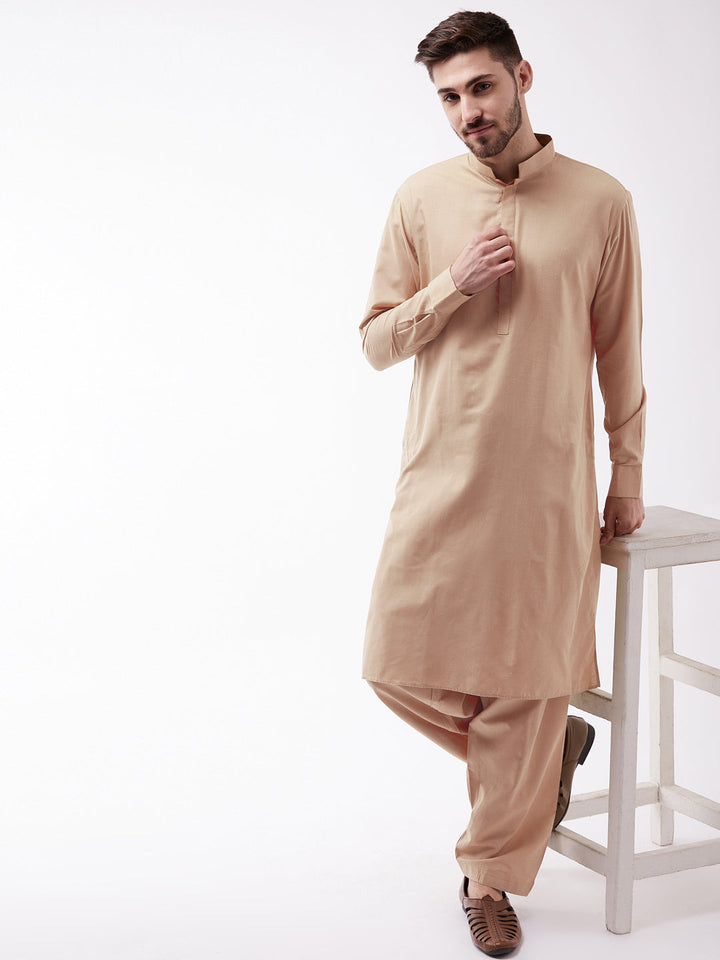 VASTRAMAY Men's Chiku Cotton Blend Kurta and Pyjama Set