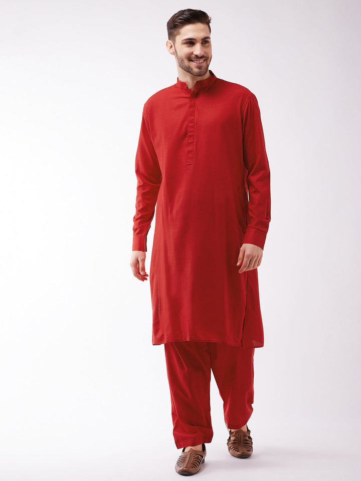 Men's Maroon Cotton Blend Kurta and Pyjama Set