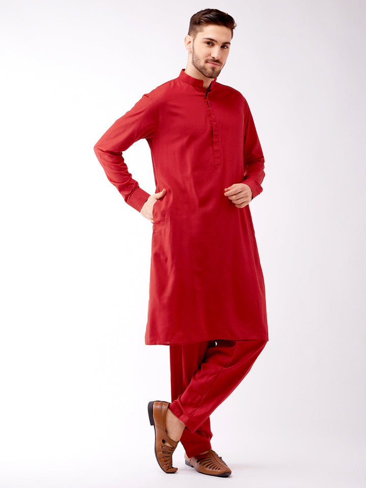 Men's Maroon Cotton Blend Kurta and Pyjama Set