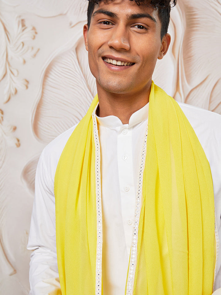 Men's White Cotton  Kurta,Pyjama And Dupatta Set