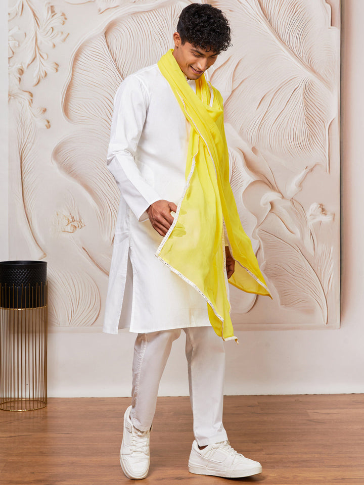Men's White Cotton  Kurta,Pyjama And Dupatta Set