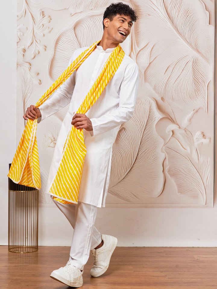 Men's White Cotton  Kurta,Pyjama And Dupatta Set