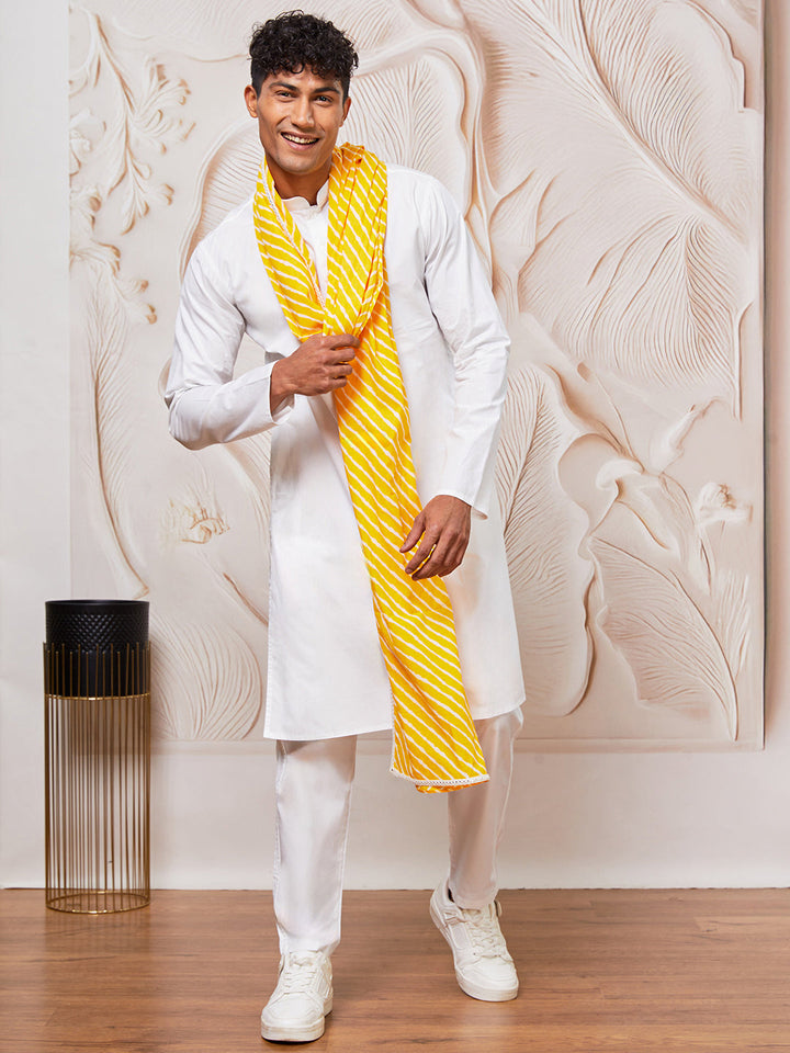 Men's White Cotton  Kurta,Pyjama And Dupatta Set