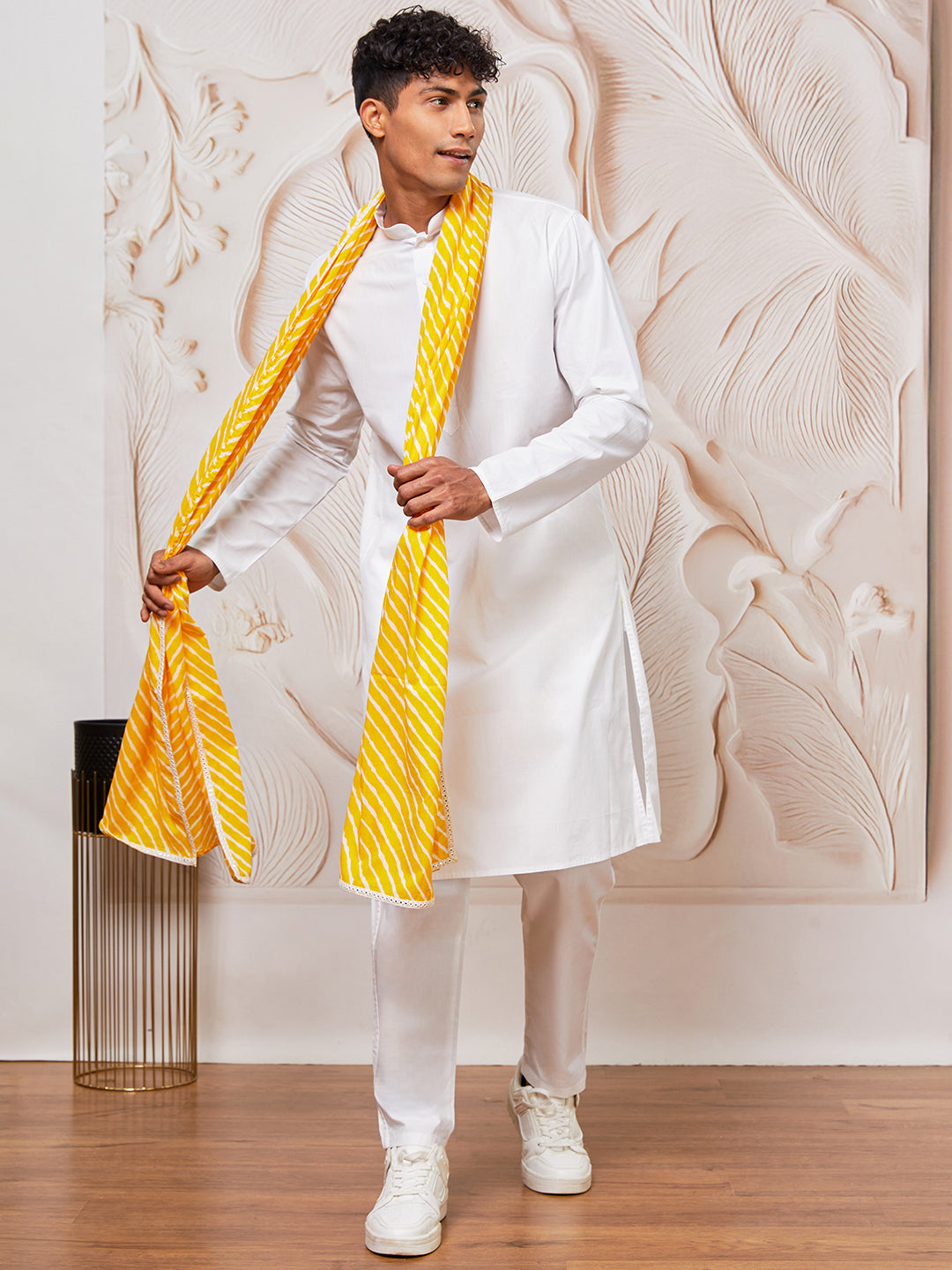 Men's White Cotton  Kurta,Pyjama And Dupatta Set