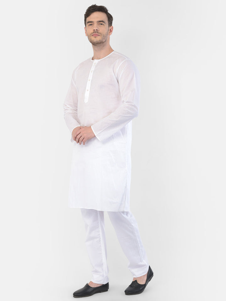 Men's White Cotton Addhi Kurta Pyjama Set