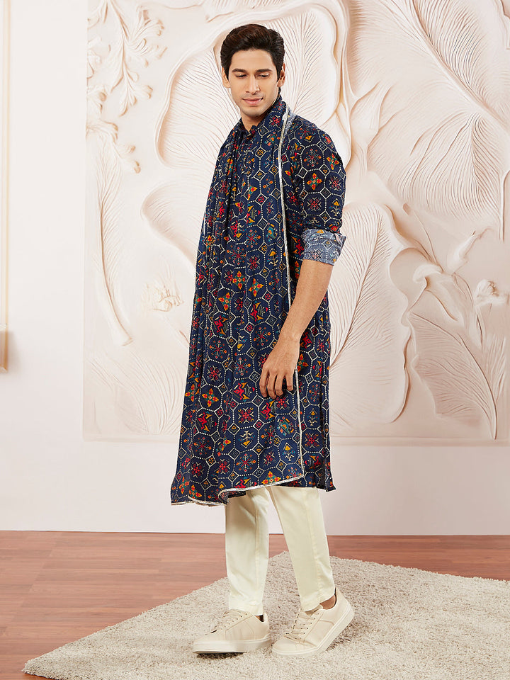 Men's Blue And Cream Rayon Kurta Pyjama And Dupatta Set