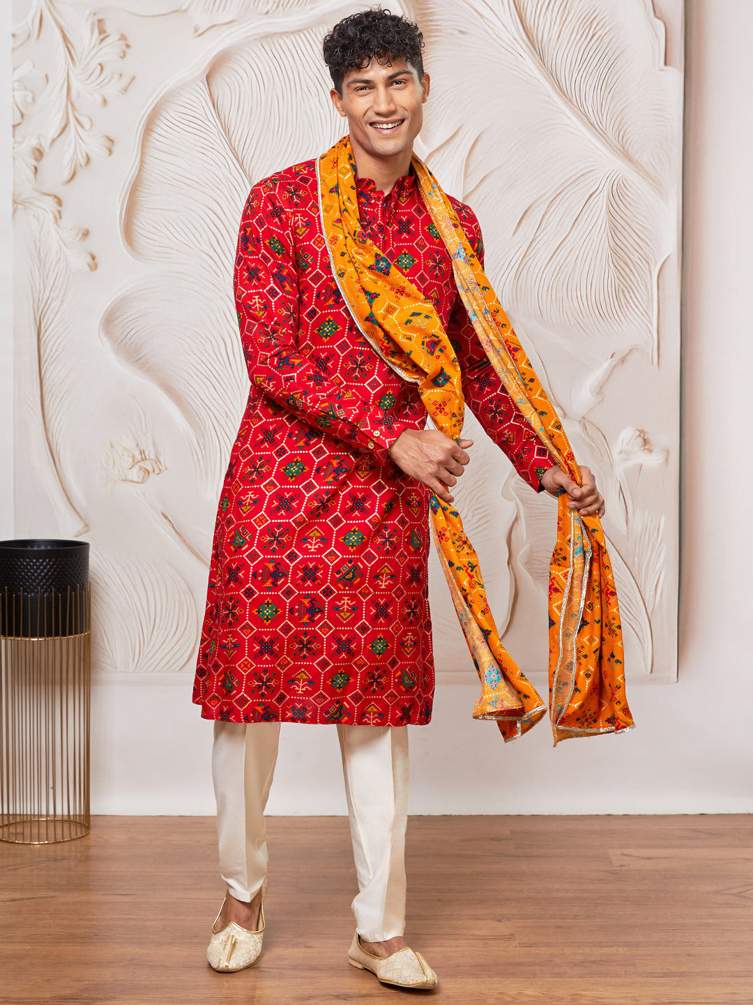 Men's Red Rayon Kurta,Pant And Dupatta Set