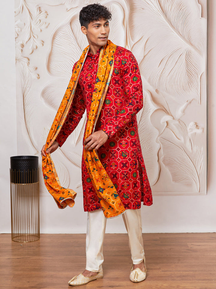 Men's Red Rayon Kurta,Pant And Dupatta Set