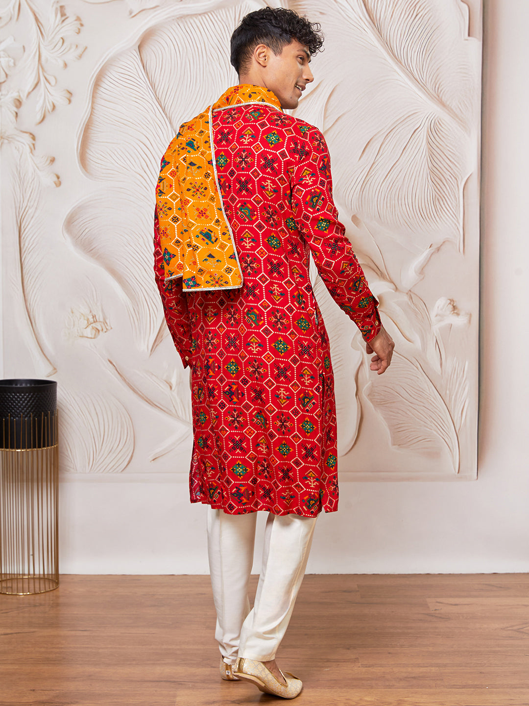 Men's Red Rayon Kurta,Pant And Dupatta Set