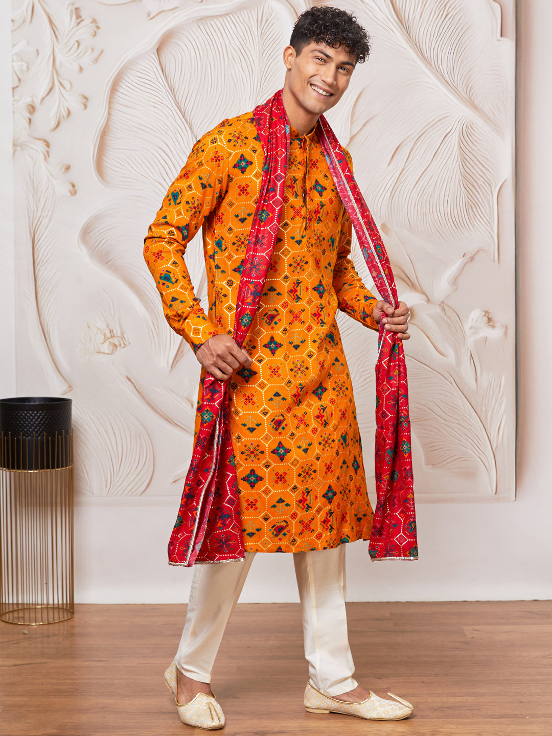 Men's Mustard Rayon Kurta,Pant And Dupatta Set