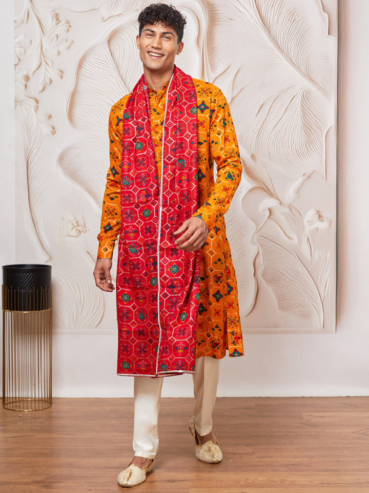 Men's Mustard Rayon Kurta,Pant And Dupatta Set