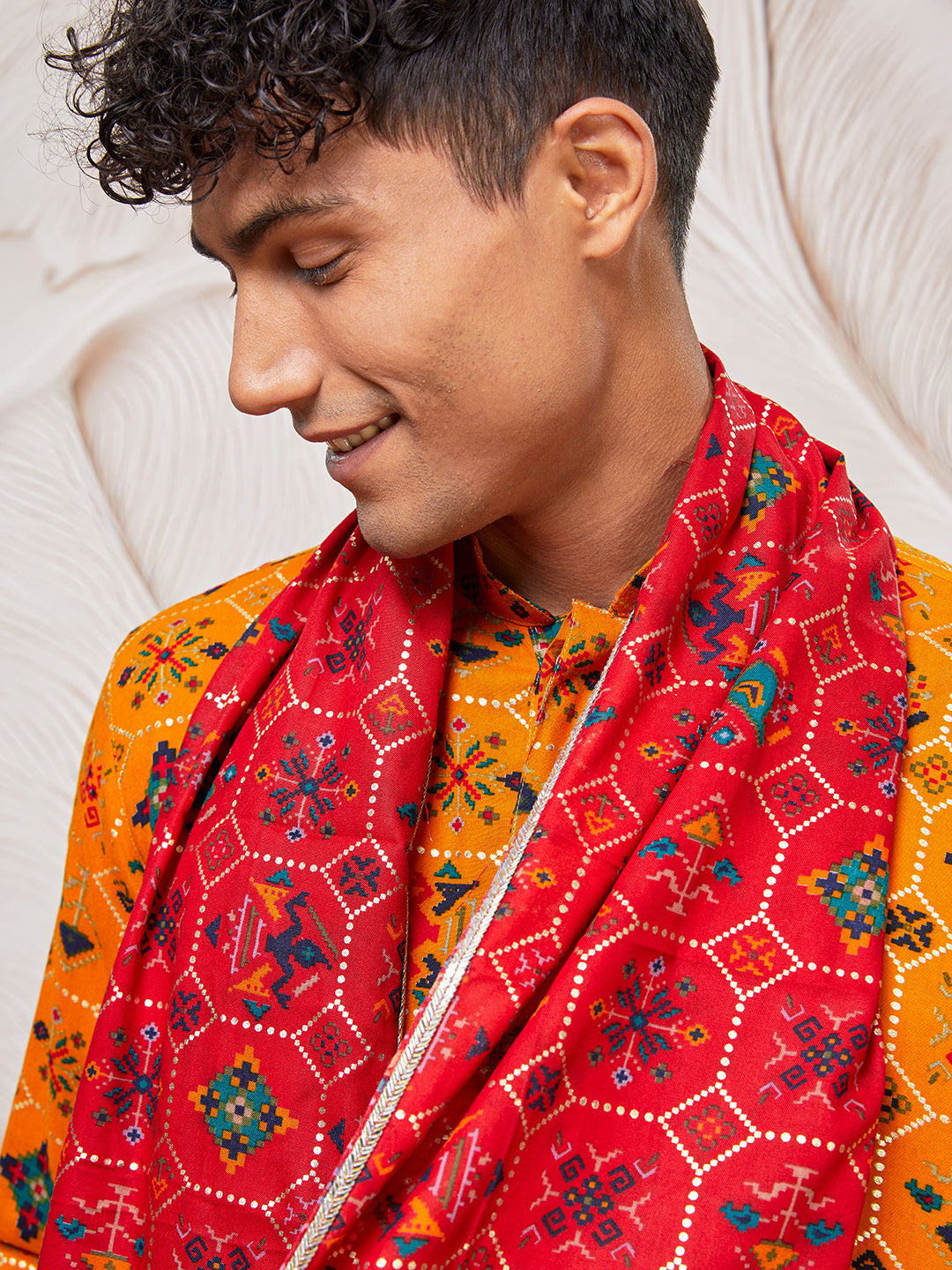 Men's Mustard Rayon Kurta,Pant And Dupatta Set