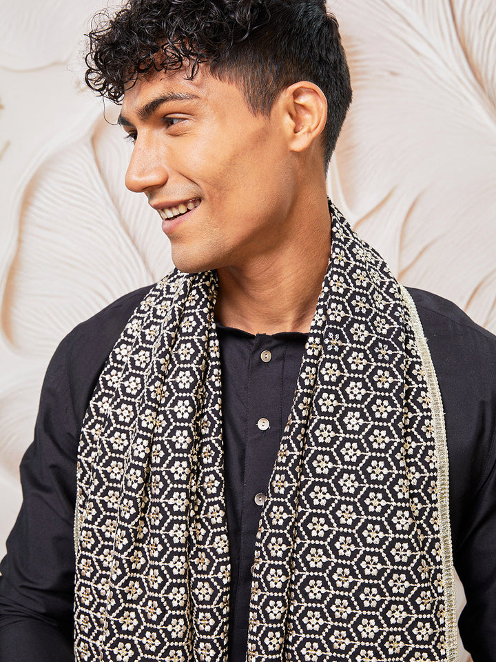 Men's Black Viscose Kurta, Pyjama And Dupatta Set