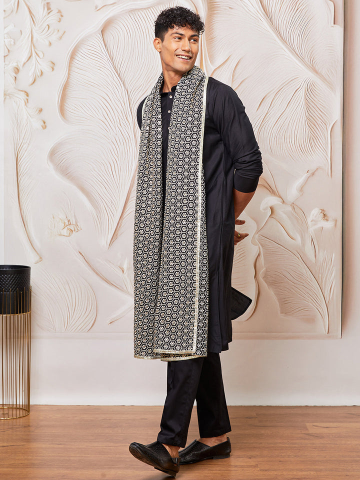 Men's Black Viscose Kurta, Pyjama And Dupatta Set