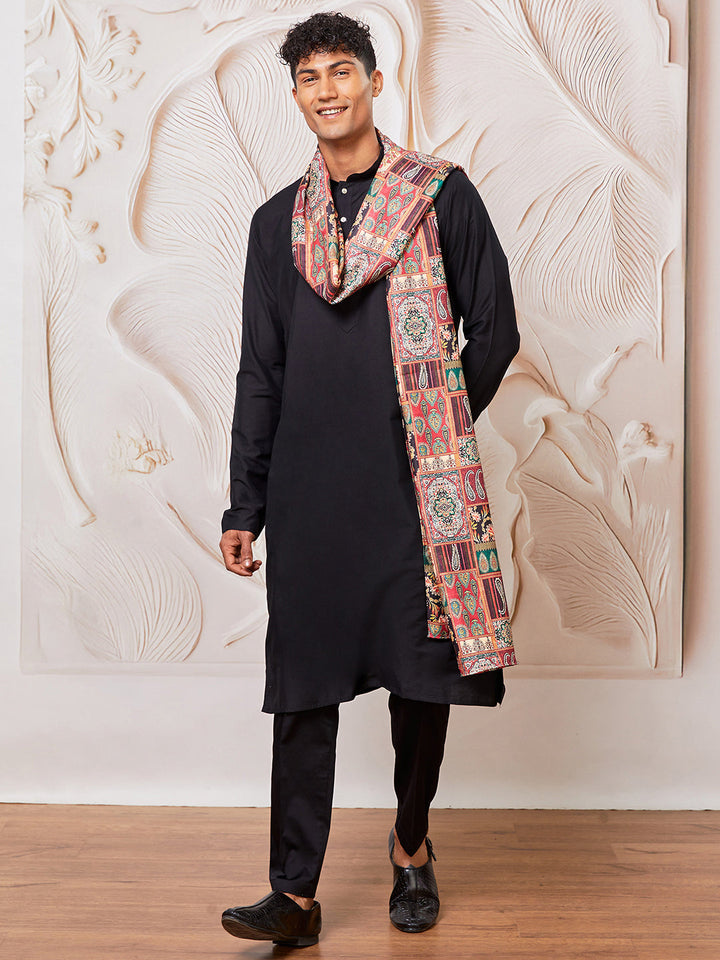Men's Black Viscose Kurta Pant And Dupatta Set