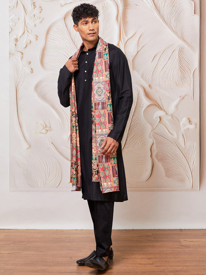 Men's Black Viscose Kurta Pant And Dupatta Set