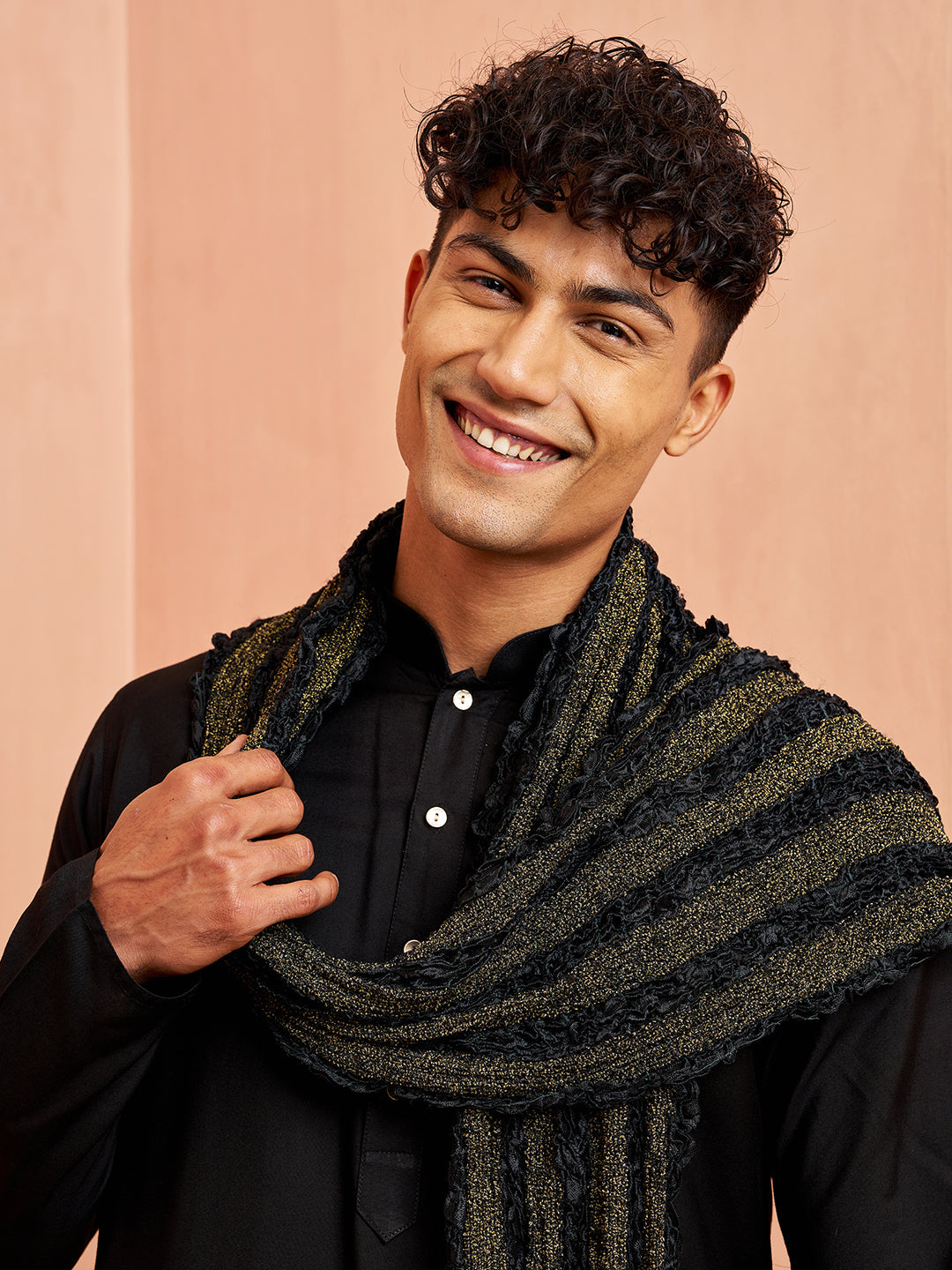 Men's Black Viscose Kurta Pyjama Dupatta Set