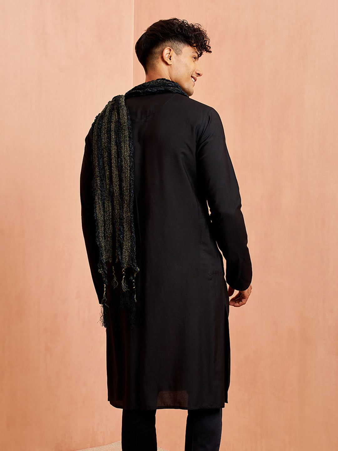 Men's Black Viscose Kurta Pyjama Dupatta Set