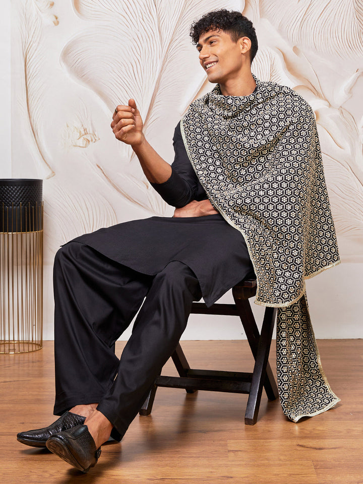 Men's Black Viscose Kurta,Patiala And Dupatta Set.