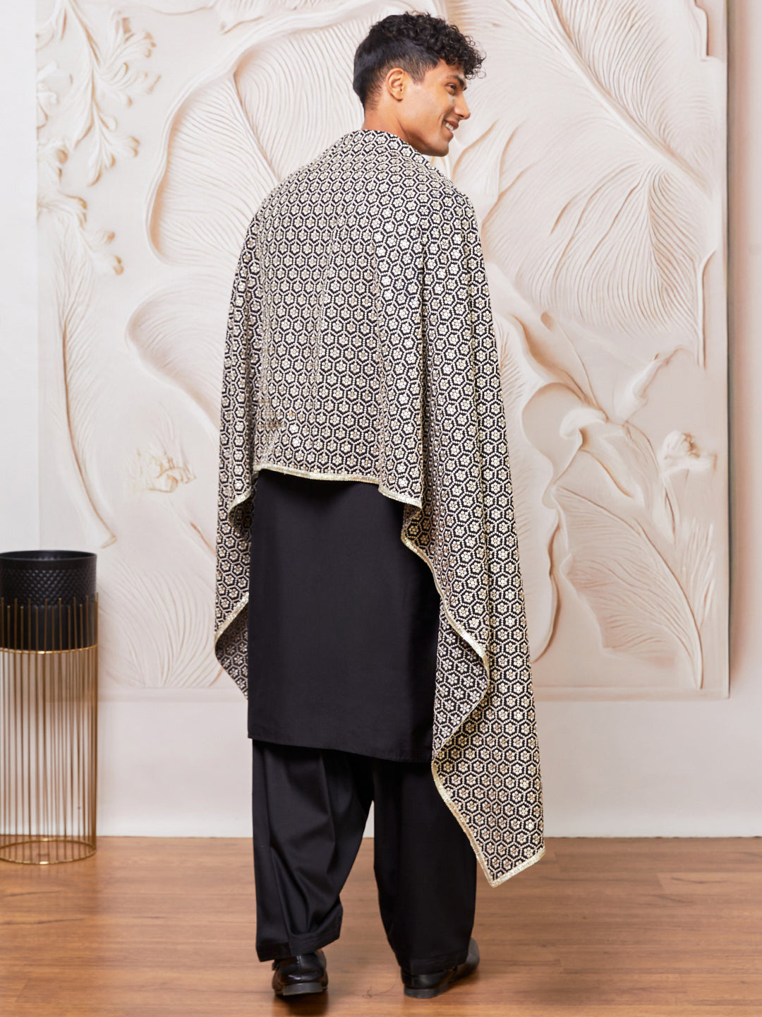 Men's Black Viscose Kurta,Patiala And Dupatta Set.