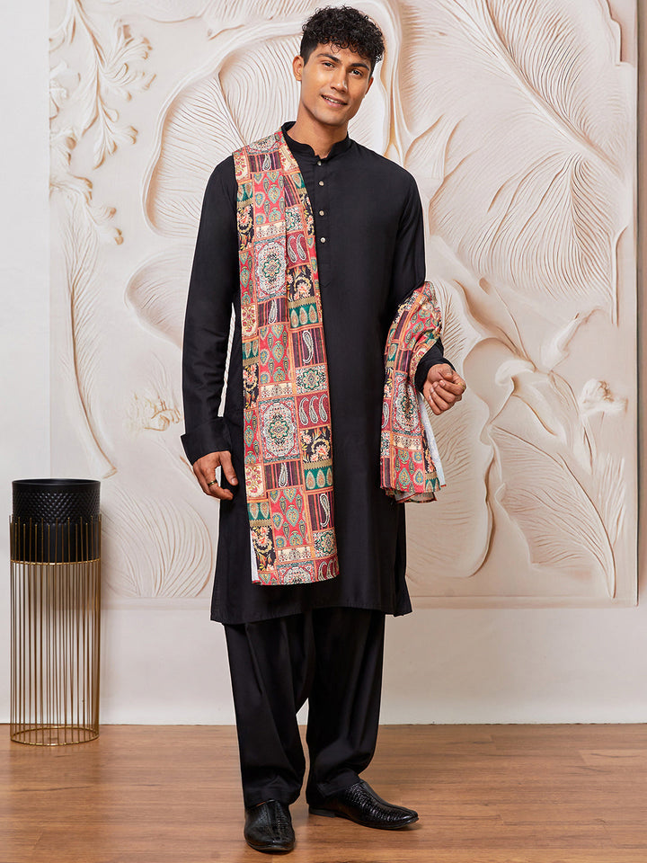 Men's Black Viscose Kurta, Patiala And Dupatta Set.
