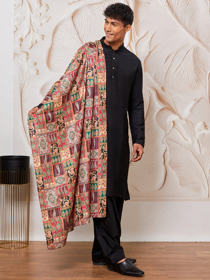Men's Black Viscose Kurta, Patiala And Dupatta Set.