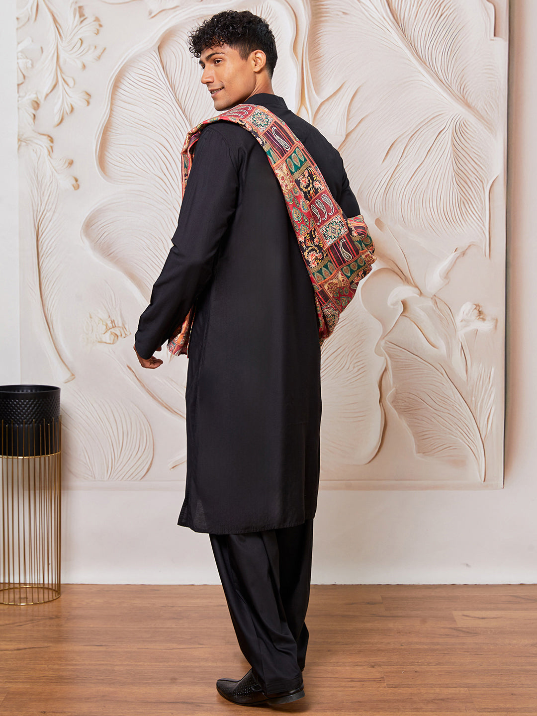 Men's Black Viscose Kurta, Patiala And Dupatta Set.