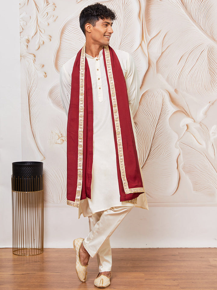 Men's Cream Viscose Kurta,Pant And Dupatta Set
