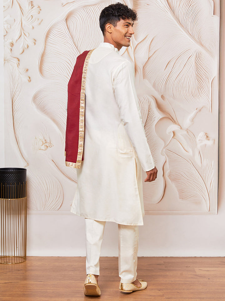 Men's Cream Viscose Kurta,Pant And Dupatta Set