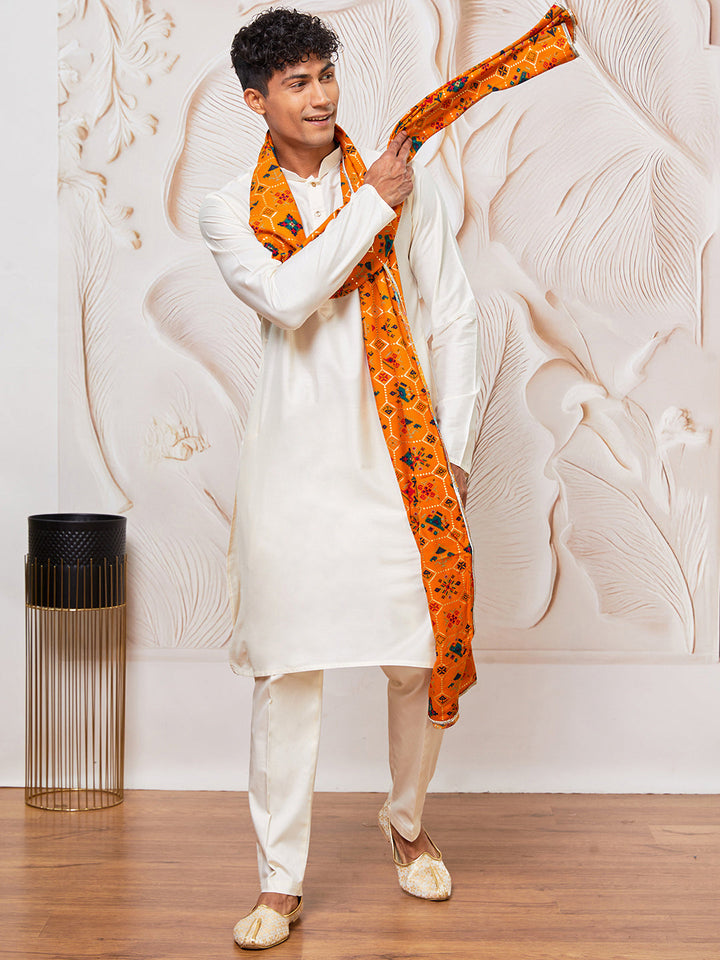 Men's Cream Viscose Kurta, Pant And Dupatta Set