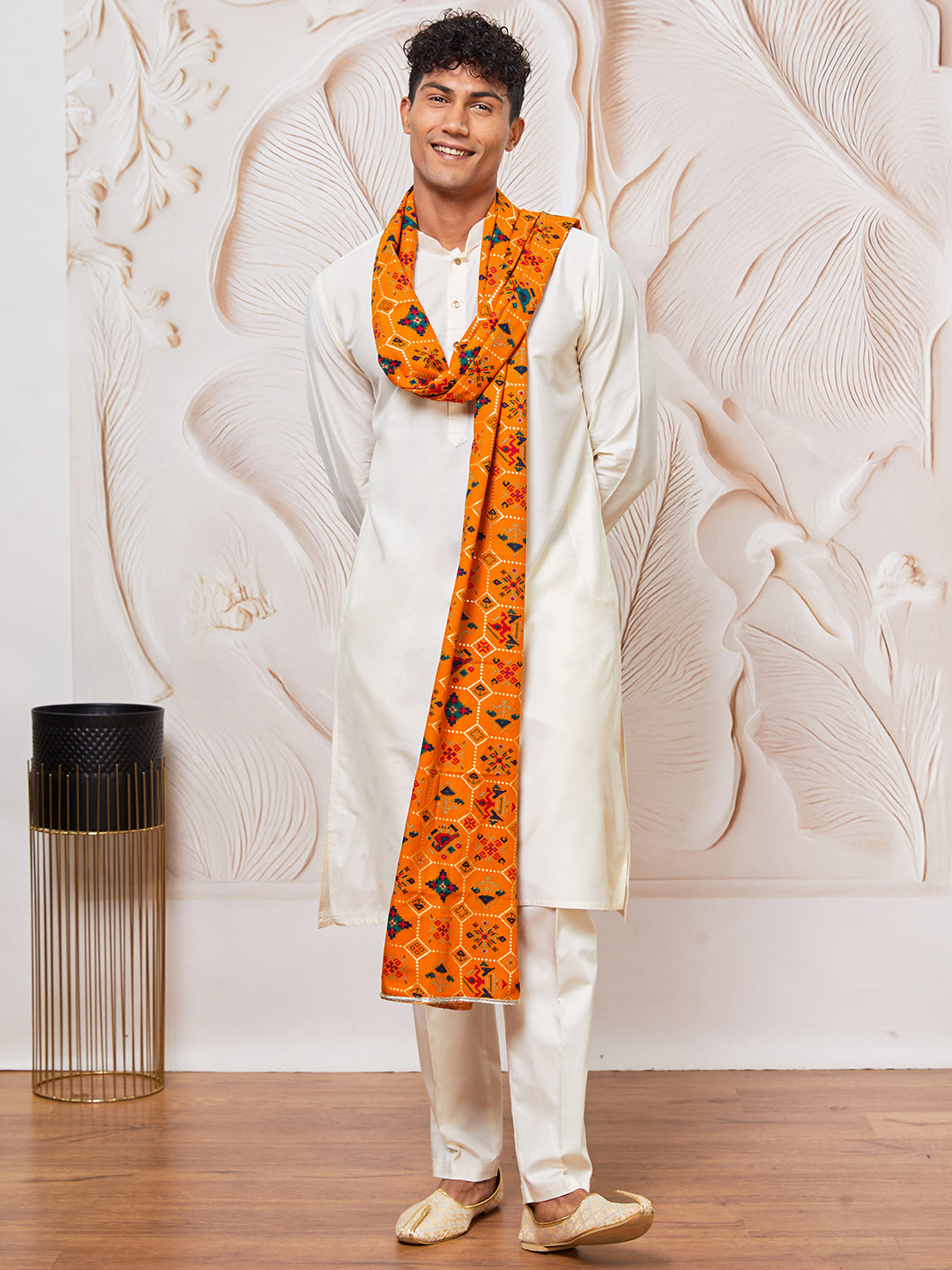 Men's Cream Viscose Kurta, Pant And Dupatta Set