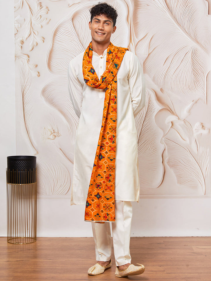 Men's Cream Viscose Kurta, Pant And Dupatta Set