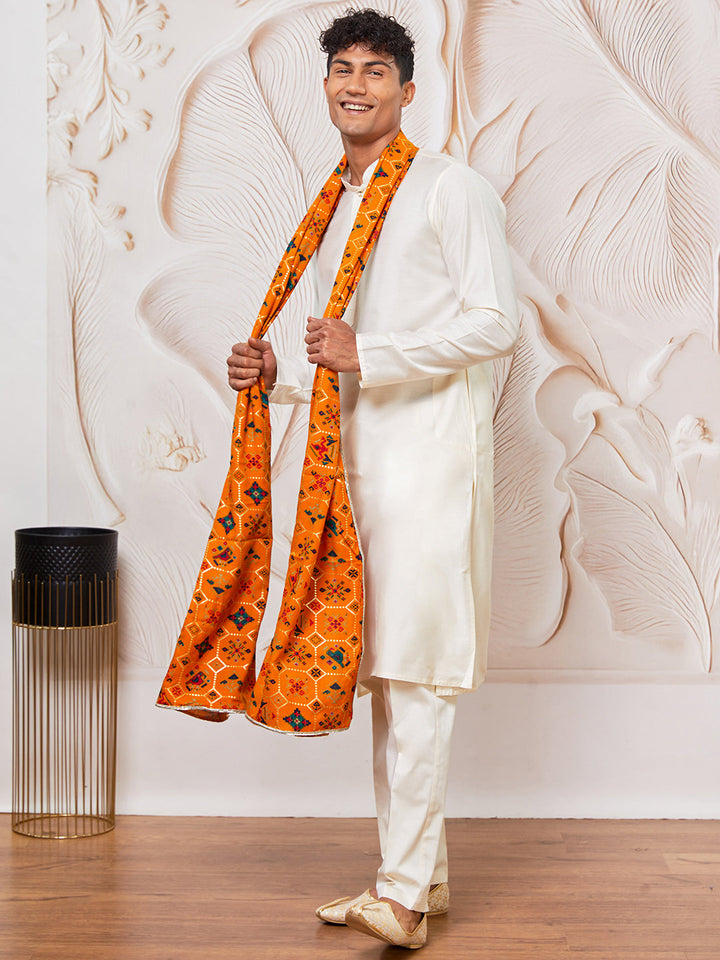 Men's Cream Viscose Kurta, Pant And Dupatta Set