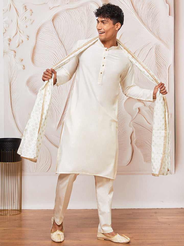 Men's Cream Viscose Kurta, Pant And Dupatta Set