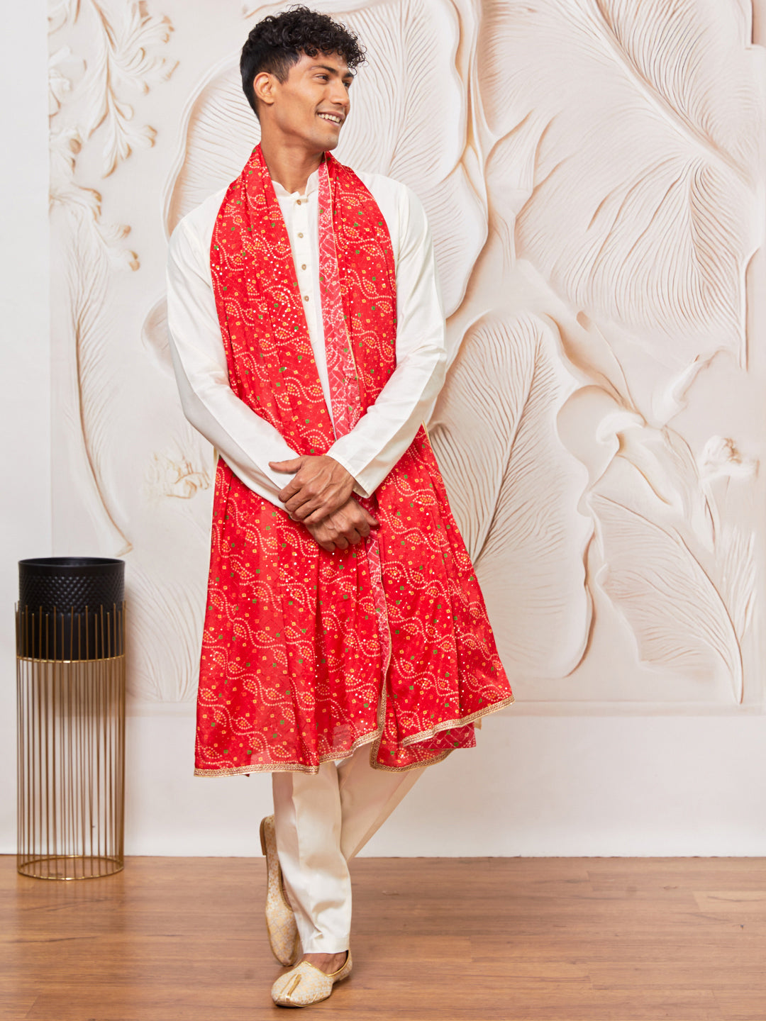 Men's Cream Viscose Kurta, Pant And Dupatta Set