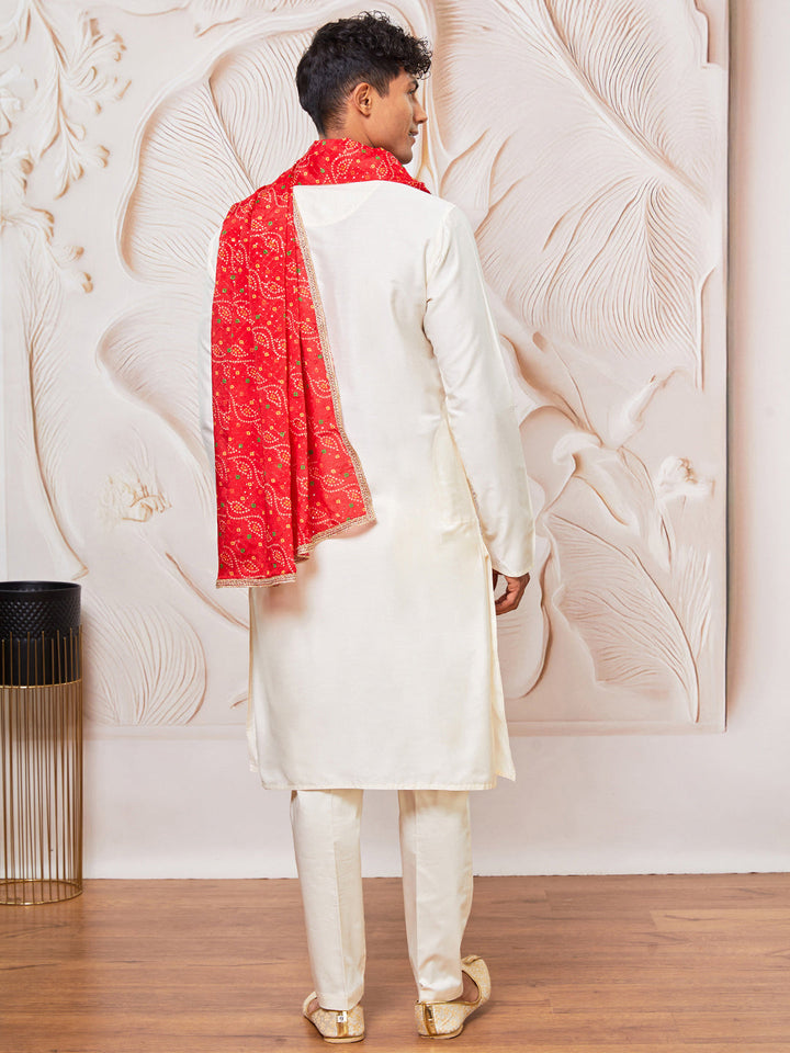 Men's Cream Viscose Kurta, Pant And Dupatta Set
