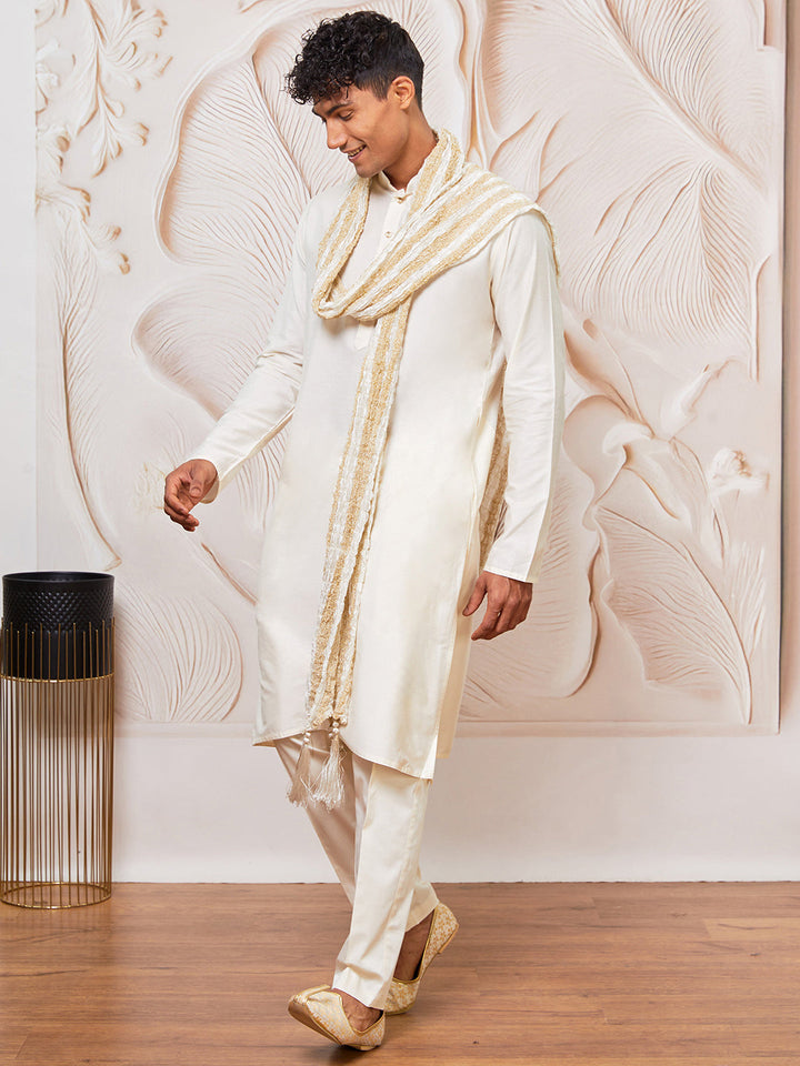 Men's Cream Viscose Kurta Pant And Dupatta Set