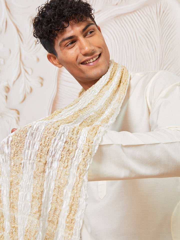Men's Cream Viscose Kurta Pant And Dupatta Set