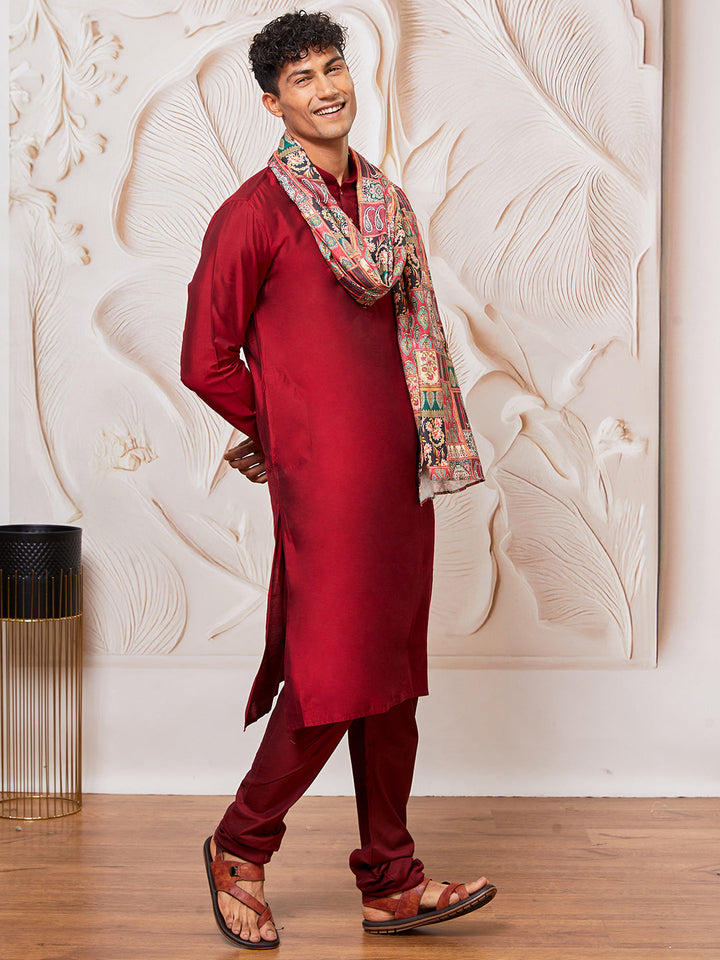 Men's Maroon Viscose Kurta,Pant And Dupatta Set