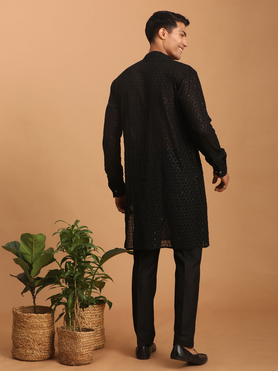 Men's Black Sequined Front Open Georgette Kurta With Pant And Dupatta Set