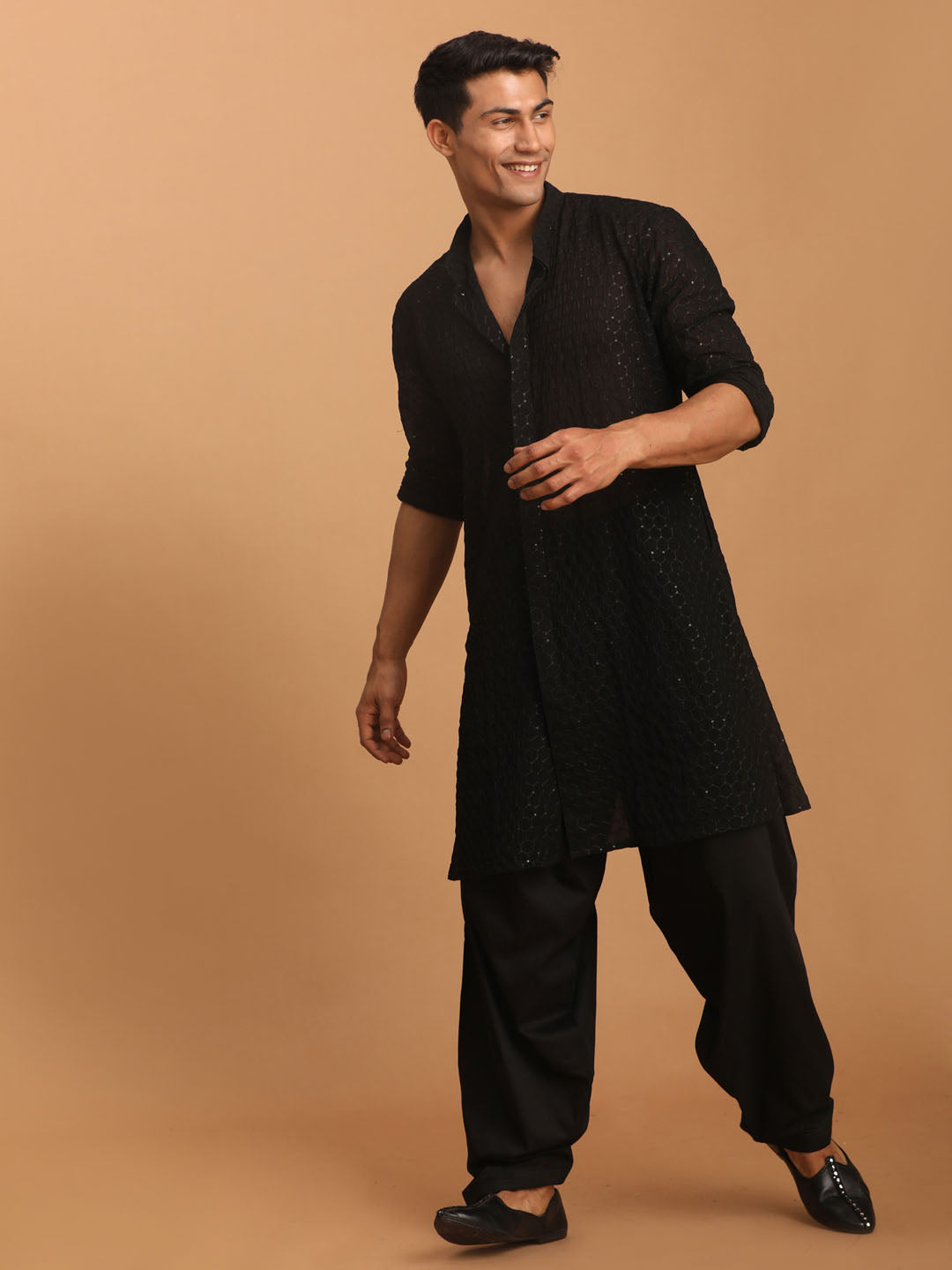 Men's Black Sequined Front Open Georgette Kurta With Patiala And Dupatta Set
